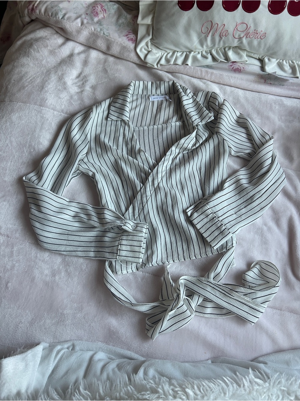 Mind Code white & black striped polyester tie up blouse